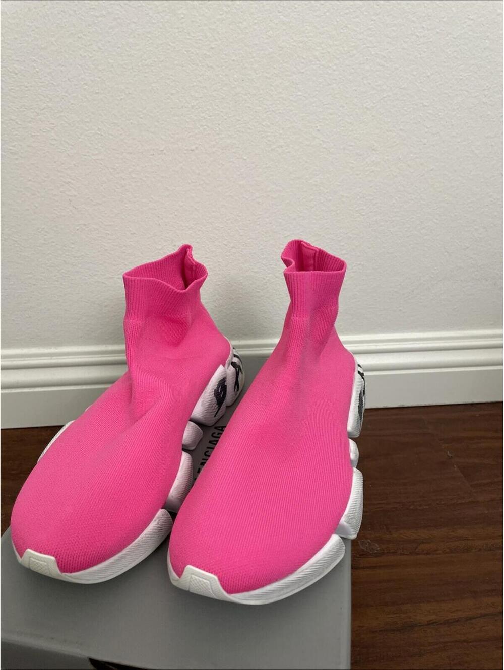 BALENCIAGA Speed 2.0 Graffiti Stretch-Knit High-Top Sneakers fluo pink size 10 - Picture 7 of 12